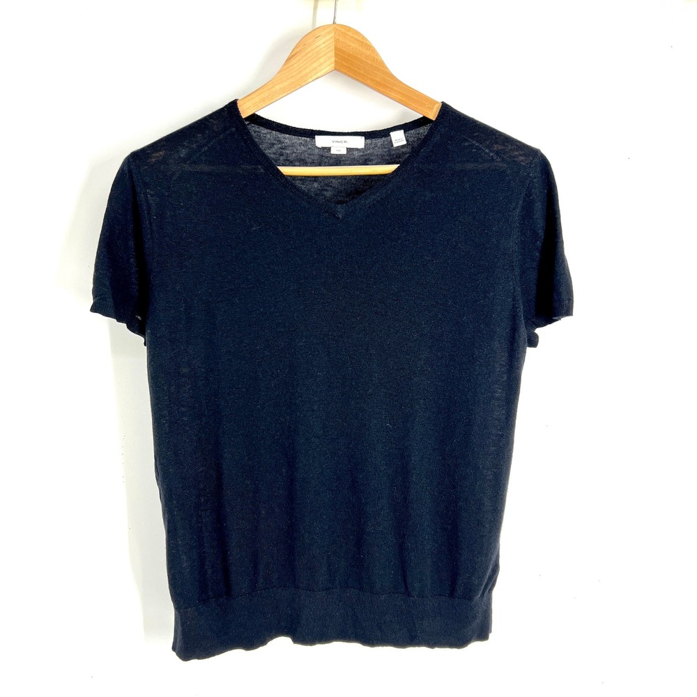 Vince Black Wool Blend Short Sleeve V-Neck Sweater Size Large V203679931